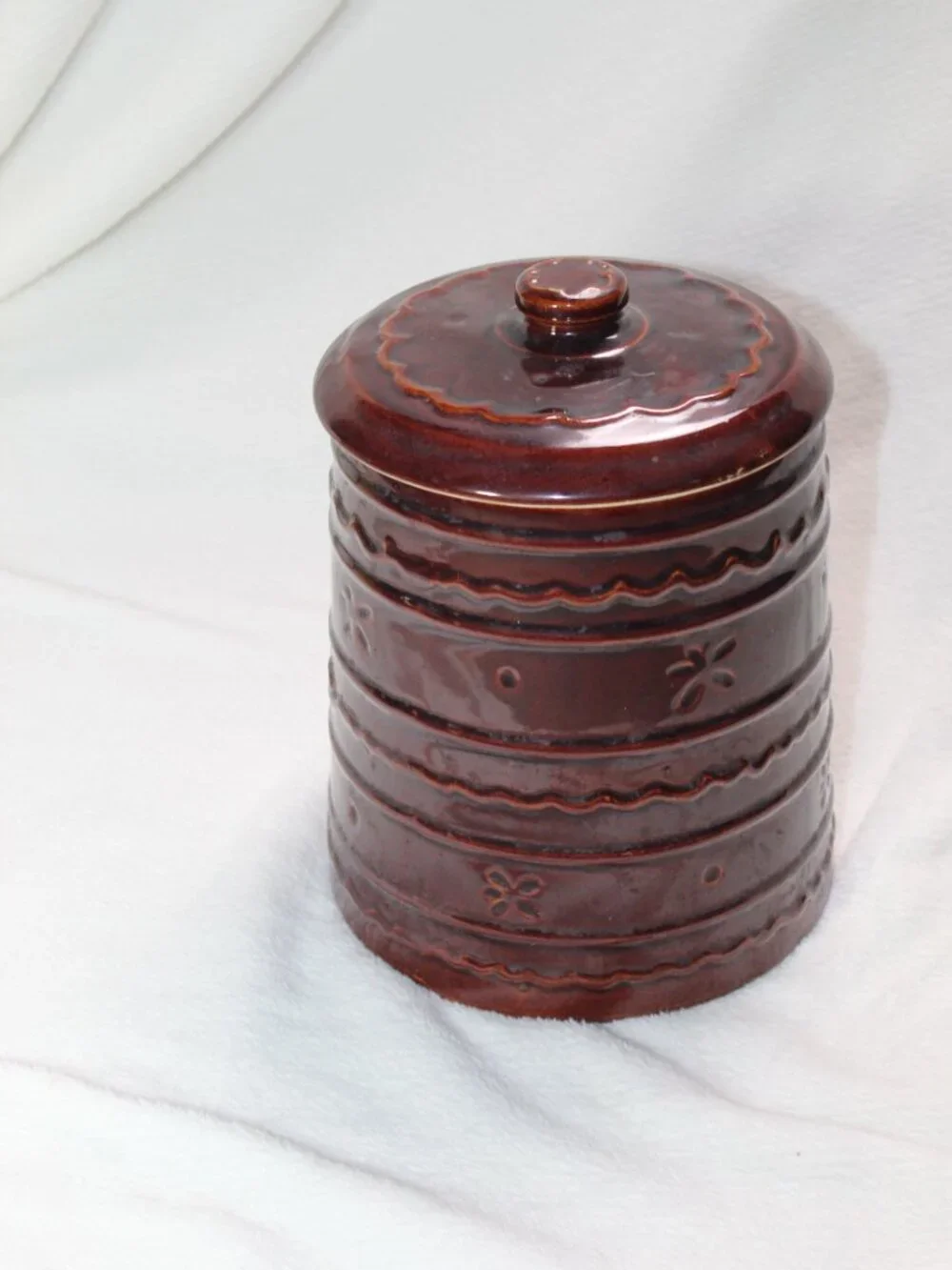 Marcrest Stoneware 1950's Brown Cookie Jar Daisy and Dot Oven-Proof Mid-Century
